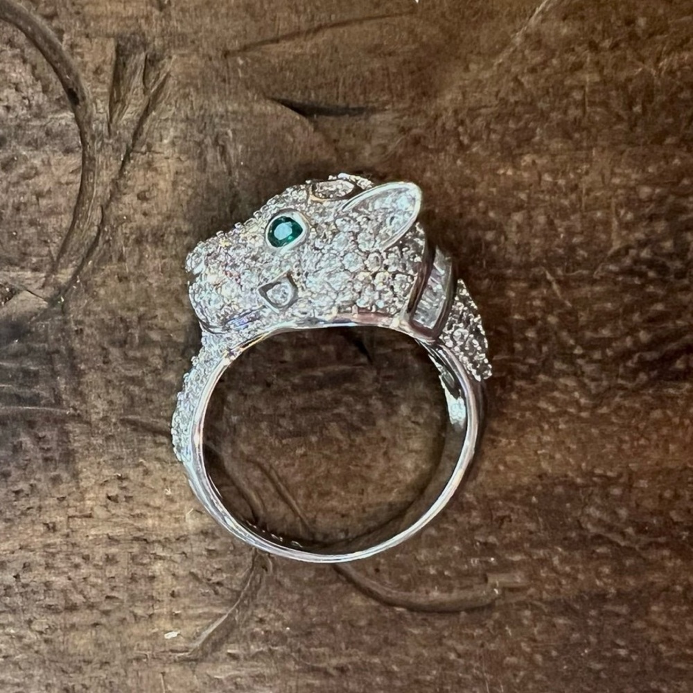 Beautiful Diamond Panther Ring with Emerald Eyes. Real 14k gold electroplated !